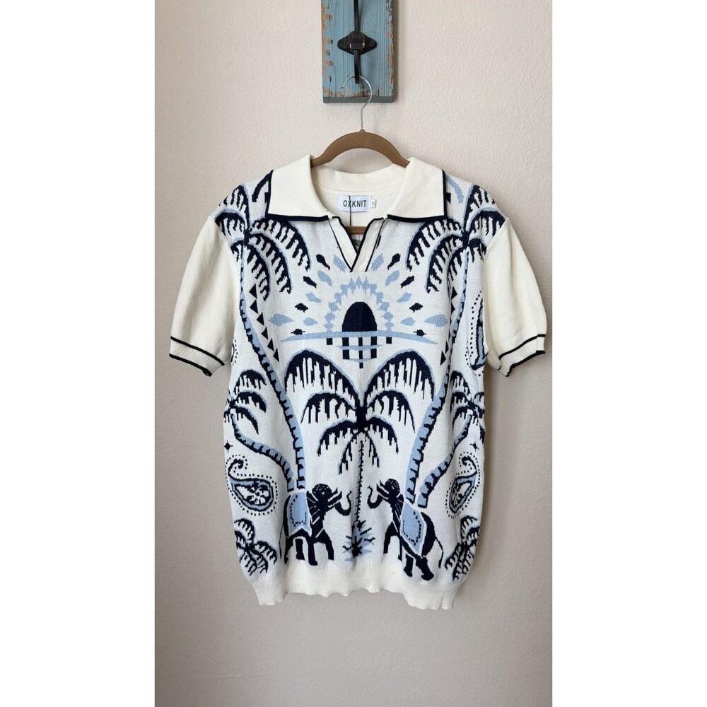 Oxknit Men's Size XL White Blue Elephant & Palm Tree Jacquard Polo Knit Sweater